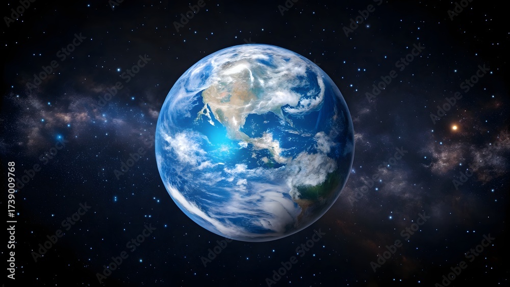 Obraz premium Planet earth viewed from space, showcasing continents and clouds against a starry backdrop