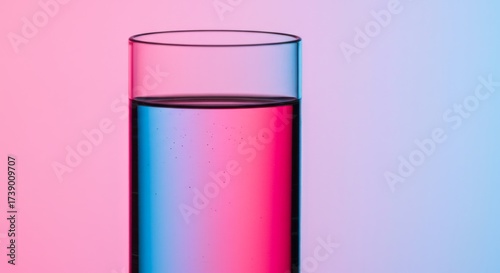 Glass cylinder with water reflecting pink and blue gradient