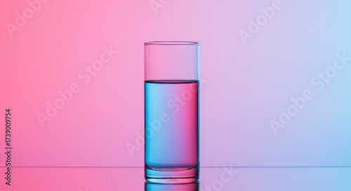 Glass of water illuminated with pink and blue