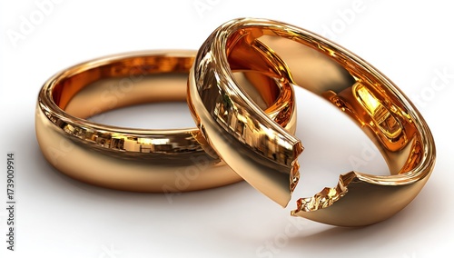 Two golden rings; one intact, the other broken, resting on a white surface