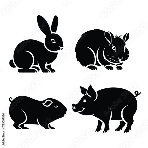 Set of 4 silhouette vector clipart images of farm animals for eps files silhouette White background