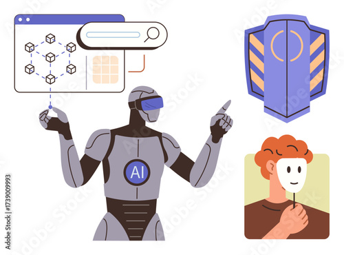 AI robot interacting with blockchain data, shield symbol for cybersecurity, person holding mask symbolizing online identity. Ideal for technology, AI, blockchain, security, digital privacy