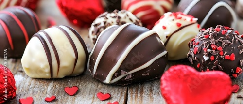 Delicious assorted chocolate truffle candies for valentine's day background, celebration