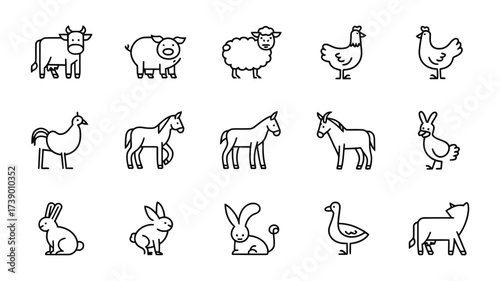 Collection of 12 hand-drawn farm animal vector icons for scalable graphic design projects silhouette White background