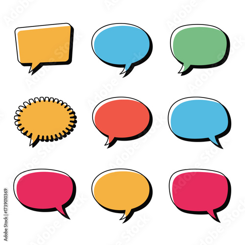 Collection of nine colorful speech bubbles vector graphics for diverse communication needs silhouette White background