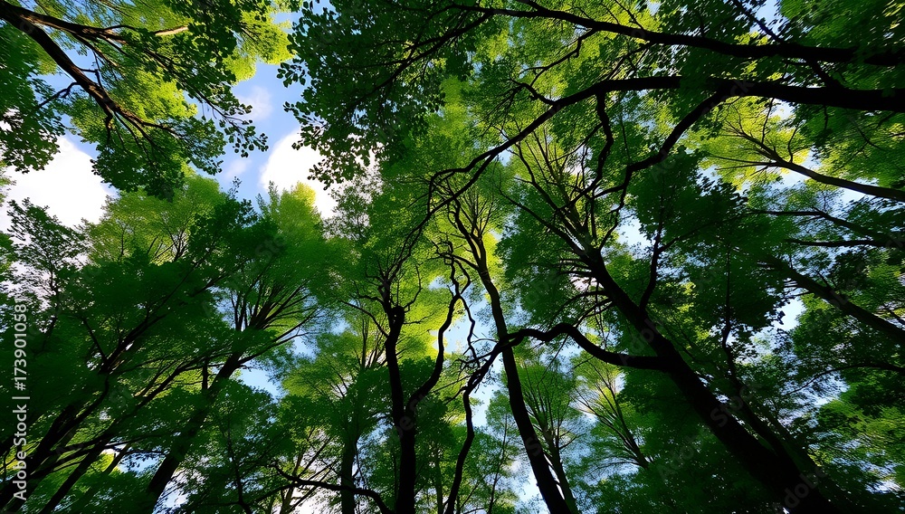 Fototapeta premium Canopy View Lush Green Trees Against a Bright Blue Sky with Clouds.