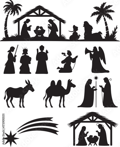 Nativity scene silhouettes for festive holiday designs