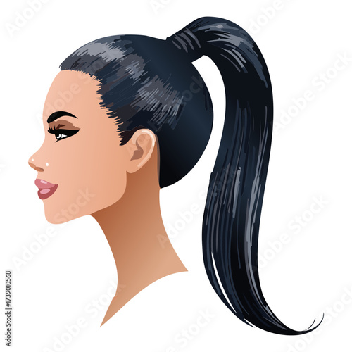 Stylish Woman Side Profile High Ponytail Black Hair Simple Elegant Updo