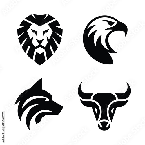 Set of four fierce animal head vector logos scalable icons for branding and design projects silhouette White background