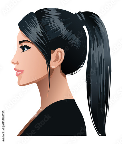Stylish Young Woman Side Profile High Sleek Ponytail Black Hair Vector