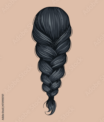 Simple Elegant Single Braid Hairstyle Black Hair Vector Isolated Back View