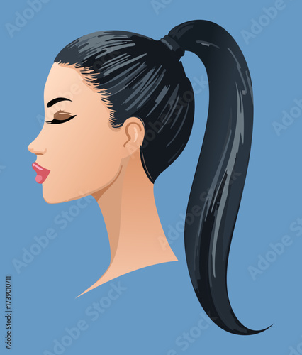 A side profile of a beautiful woman with a sleek and tight high ponytail in shiny dark hair