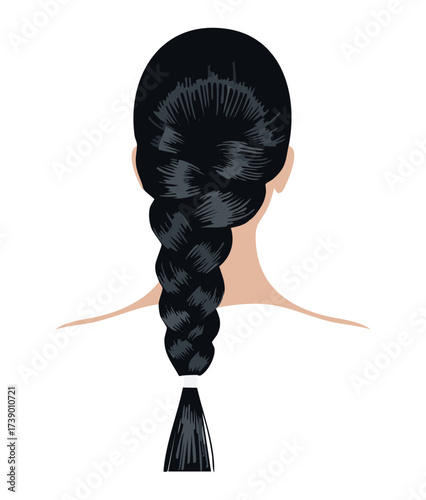 A rear view of a woman with a beautiful and intricate fishtail braid in long, thick black hair