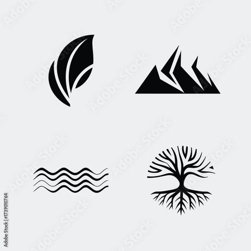 Minimalist nature inspired vector graphics set four elements leaf mountains river tree icon silhouette White background