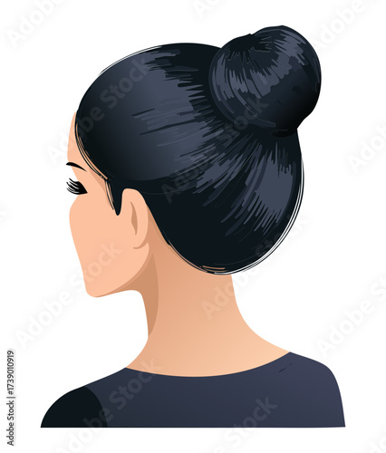 Elegant Side View Portrait of a Woman with Dark Hair in a Smooth, Compact Low Bun Chignon Suitable for Business or Formalwear