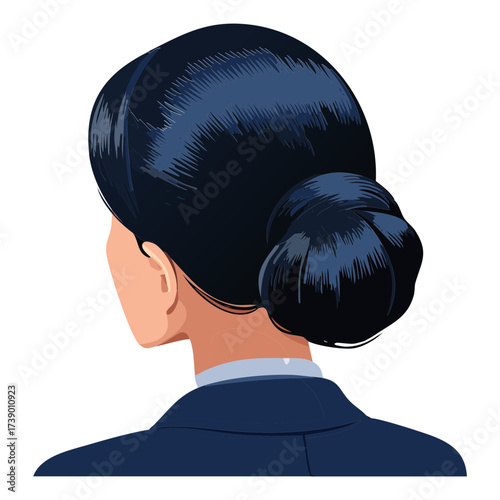 Sleek Back View of a Professional Woman's Dark Blue Black Hair Gathered into a Neat and Sophisticated Low Bun Updo Chignon