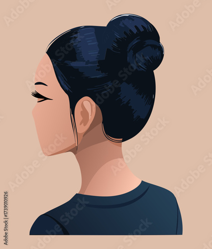 Beautiful Young Woman with Traditional Low Chignon Bun Updo Hairstyle Looking Sideways in a Serene and Professional Manner