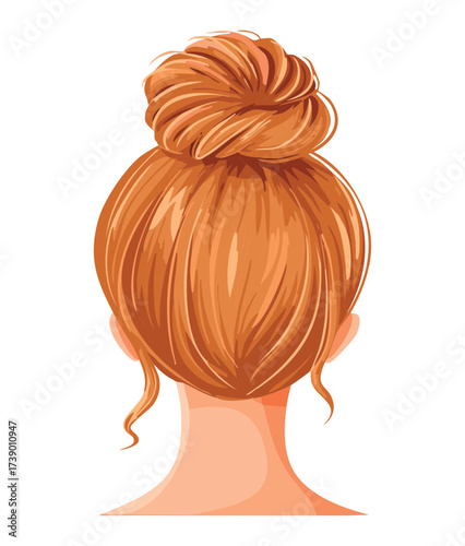 Stunning Back View of a Bright Copper Red Hair Updo Styled as a Messy Yet Elegant High Bun for a Youthful and Chic Look
