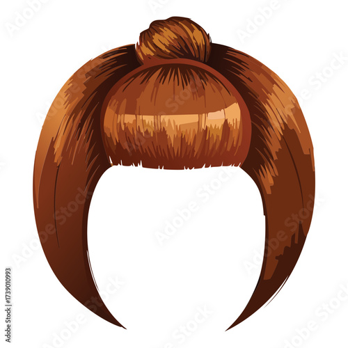 Graphic Isolated Illustration of a Woman's Sleek Brown Bob Haircut with Blunt Bangs and Perfect Straight Lines Without a Visible Bun
