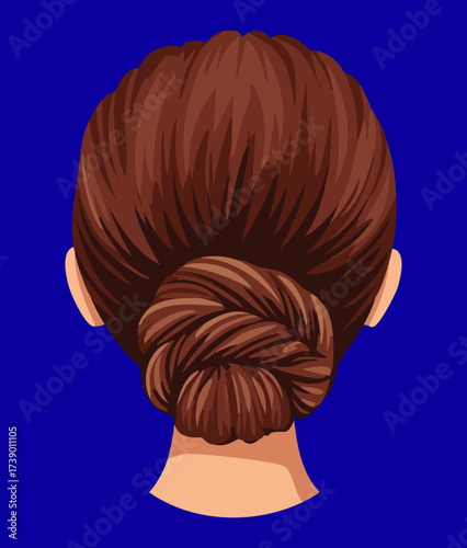 Close-up rear view of a tightly pulled dark mahogany bun hairstyle against a deep rich blue background	