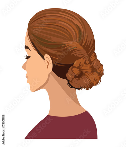 Beautiful woman side profile with a voluminous textured caramel brown braided low bun on an isolated background	