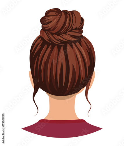 View from the back of a woman's head showcasing a perfectly tied sleek dark brown ballet bun	