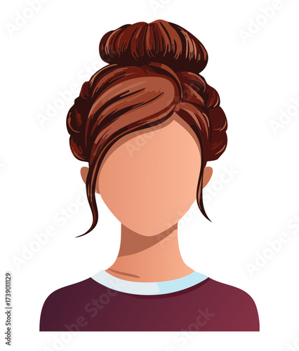 Elegant classic high bun hairstyle portrait for women with rich brown hair and delicate face framing strands	