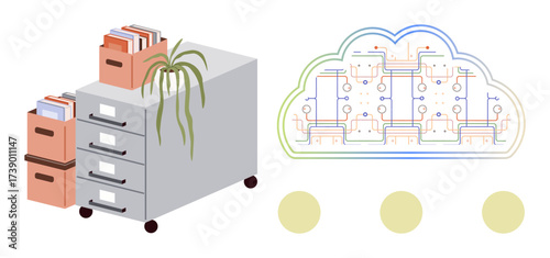 Filing cabinet with papers, folders in boxes, potted plant, interconnected cloud nodes. Ideal for cloud storage, organization, digital transformation, automation, archiving efficiency mobility