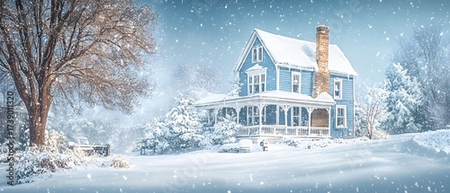 Serene blue house covered in snow during a picturesque winter snowfall scene