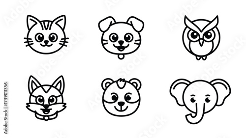 Unique set of six adorable animal face vector illustrations for versatile design applications silhouette White background