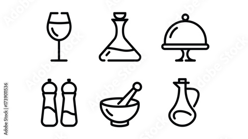 Six line art vector icons for food and drink essential kitchenware and serving elements scalable eps silhouette White background