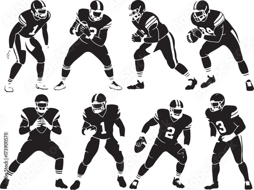 Dynamic football players in action poses silhouetted