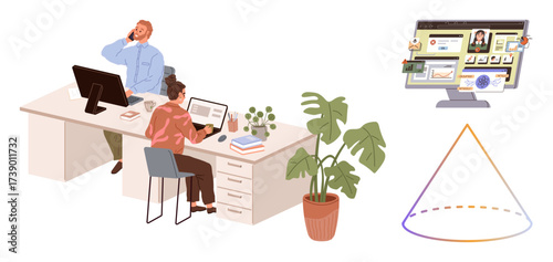 Two colleagues at a shared desk with laptops and documents, digital presentation monitor, and decor plants. Ideal for teamwork, remote work, project management, collaboration, technology, office