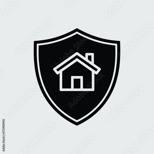 Vector illustration of a shield protecting a house icon scalable eps silhouette White background