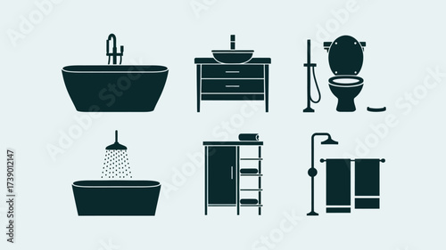 Six silhouette bathroom fixtures vector illustration scalable eps icon set for design silhouette White background