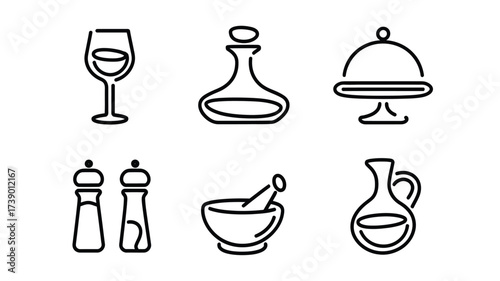 Scalable vector illustration of six culinary icons for food and drink eps format silhouette White background