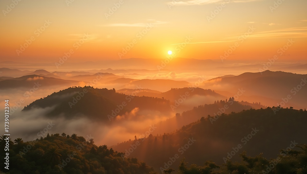 Obraz premium Majestic Mountain Range at Sunrise with Golden Hues and Misty Valleys.