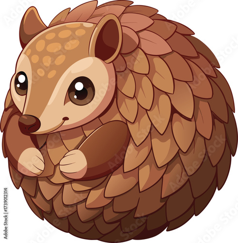 Cartoon Pangolin Illustration – Curled-Up Scaled Animal with Expressive Eyes