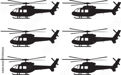 Six black helicopter silhouettes on white background