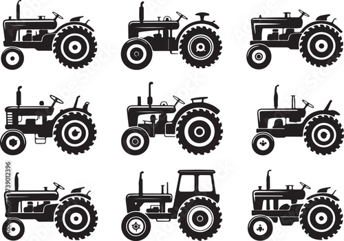 Nine vintage tractor silhouettes for agriculture