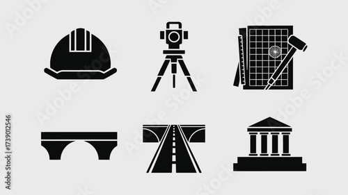 Six construction and engineering vector icons for architecture and infrastructure projects silhouette White background