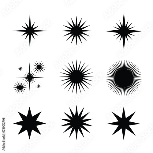 Collection of nine vector starburst and sparkle illustrations scalable eps graphics silhouette White background