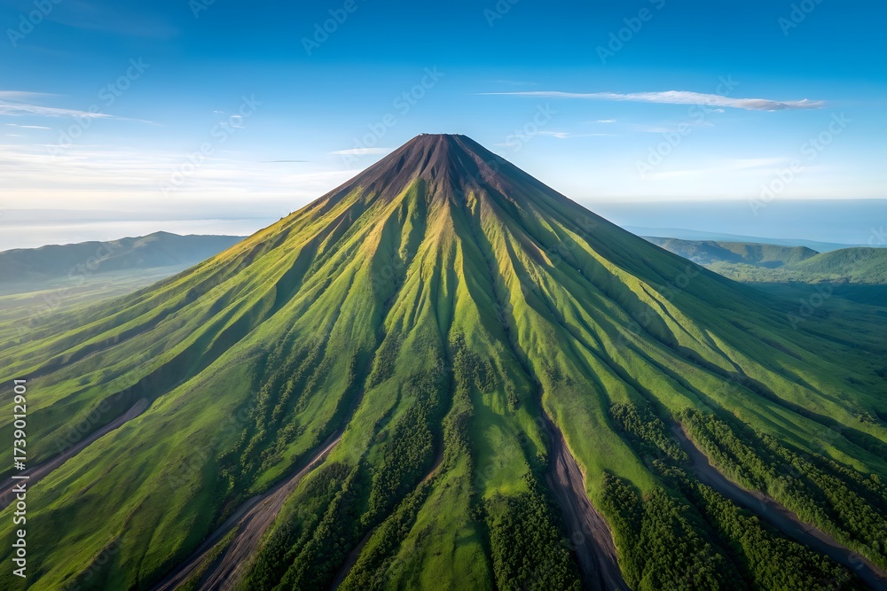 Fototapeta premium Aerial view of a lush green volcano under a clear blue sky at sunrise