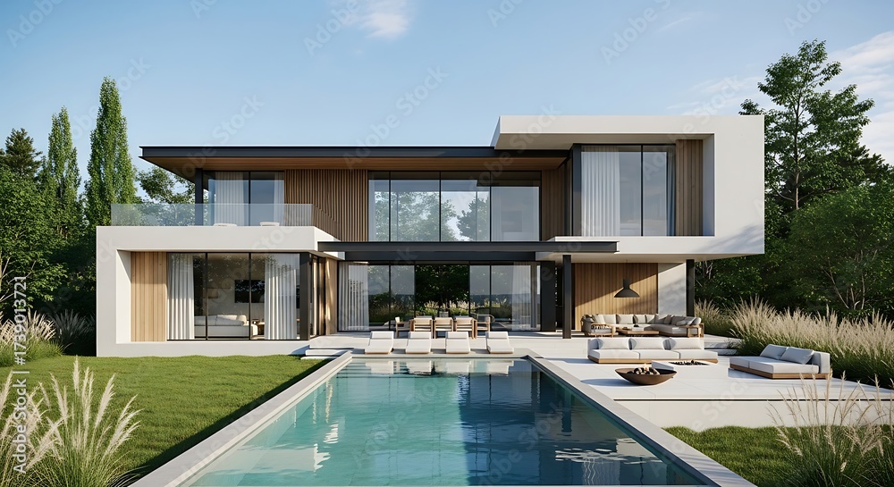 Fototapeta premium Architectural marvel, spacious house with luxurious pool and landscaping
