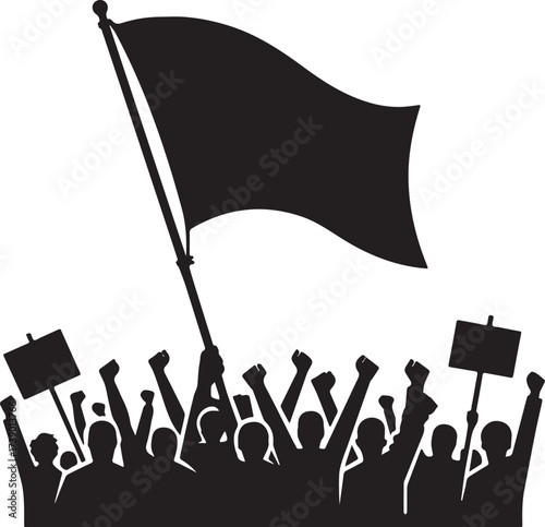 Protest Crowd Silhouette Holding Flag and Signs.