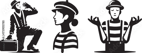 Mime artists in various poses black and white illustration.