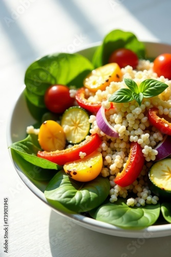 A vibrant and healthy couscous salad featuring grilled vegetables and fresh spinach, a delightful culinary composition