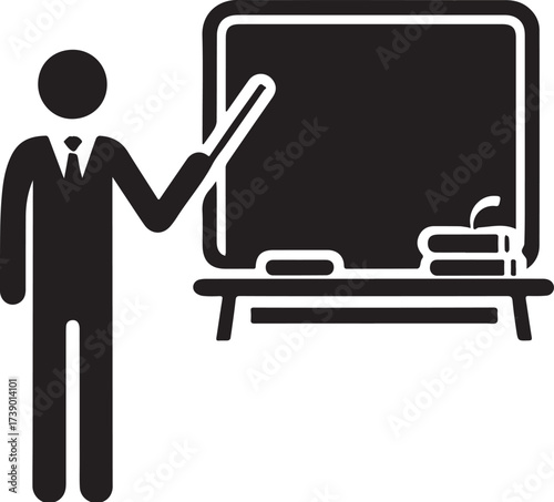 Teacher presenting lesson with pointer and blackboard in classroom.