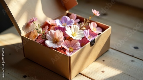 A delicate arrangement of pastel-colored blossoms nestled within a simple, unbleached cardboard box, bathed in soft sunlight on a wooden surface.