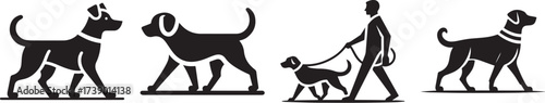 Dog walking silhouettes black and white pet care outdoor activity.